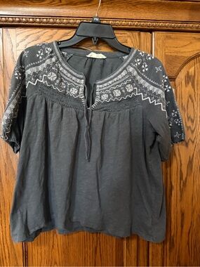 Lucky Brand Charcoal Gray Embroidered Boho Tunic